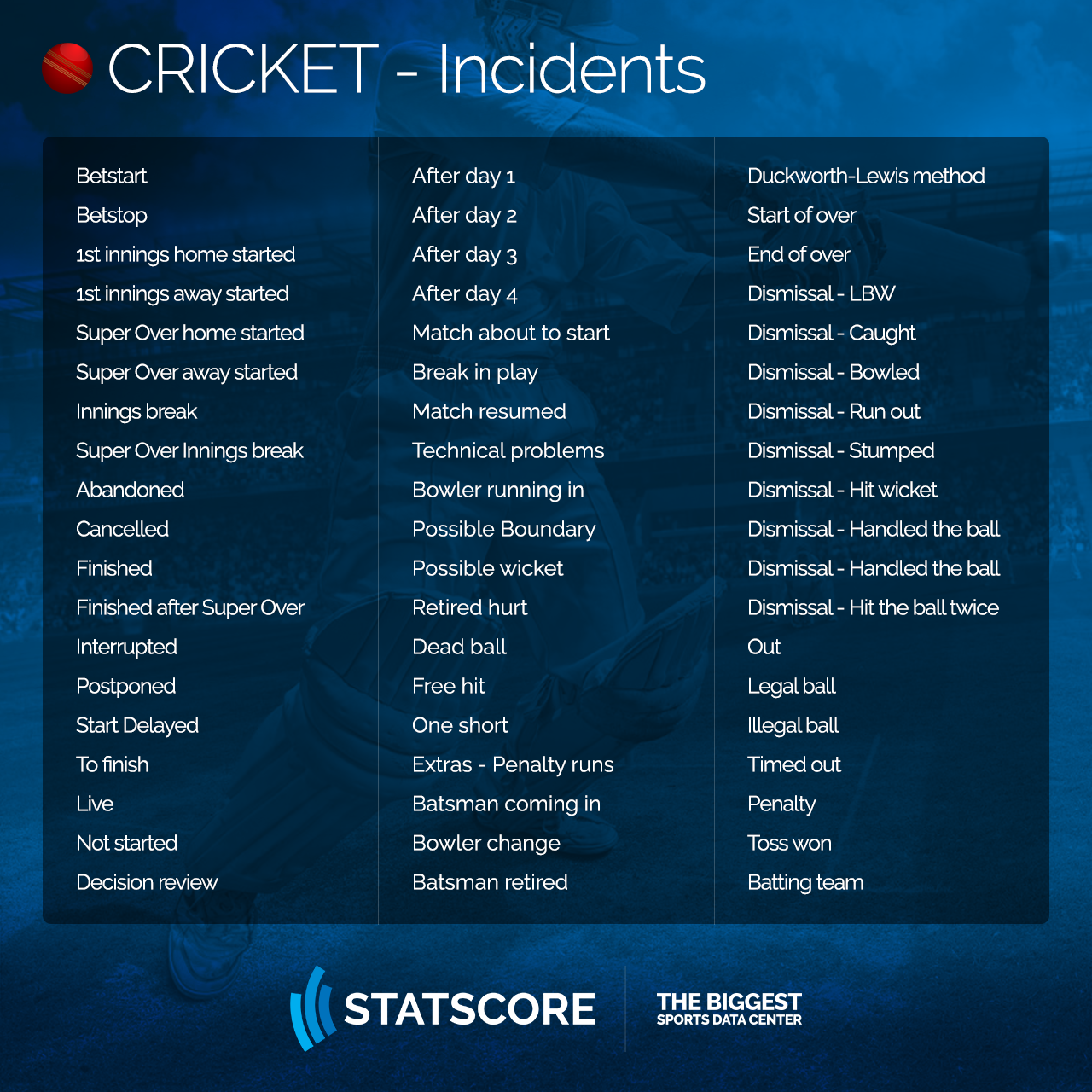 The infographic with list of the most important events in cricket match