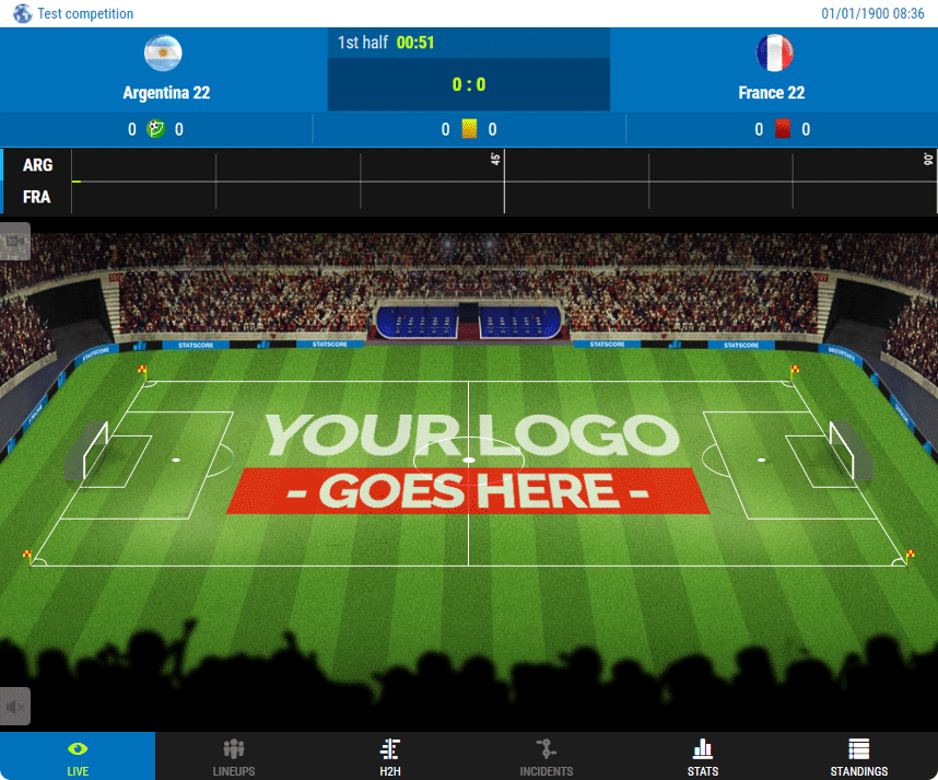 STATSCORE LivematchPro tracker with your custom logo added on the soccer field