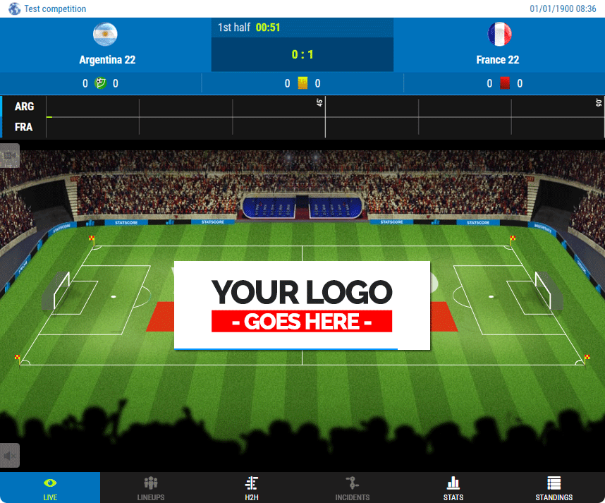 STATSCORE LivematchPro tracker with your custom logo displayed in a box with key statistics and scores