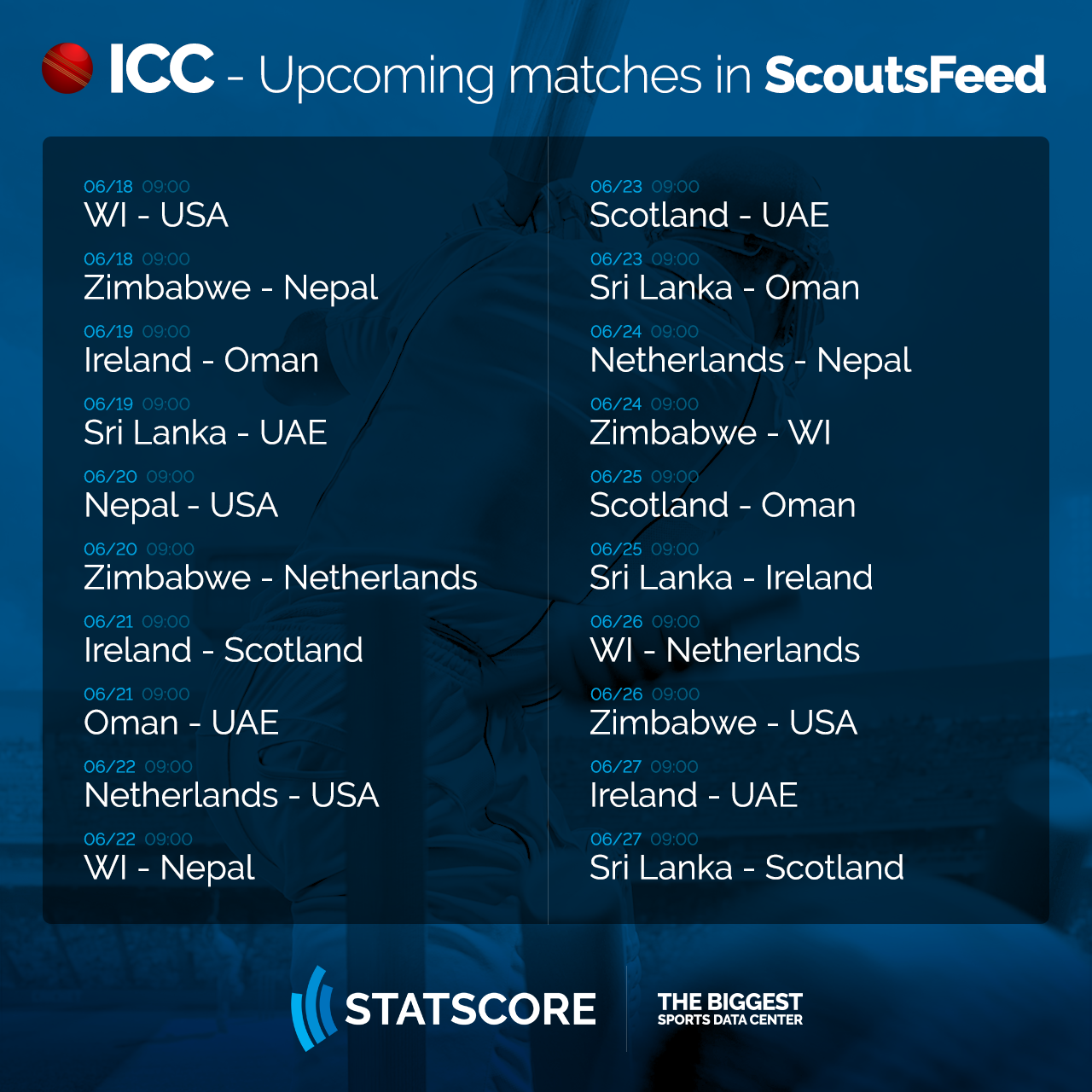 The infographic with list of matches of the ICC Cricket World Cup 2023 Qualifier available in STASCORE ScoutsFeed