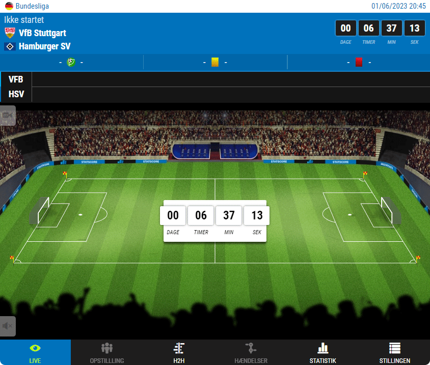 A GIF image with screenshots of STATSCORE LivematchPro football (soccer) tracker in Danish language version